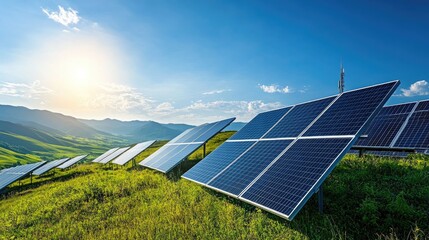 Poster - Solar panels and communication antennas amidst rolling hills, with a bright blue sky above, emphasizing the balance between technology and nature for a sustainable future.