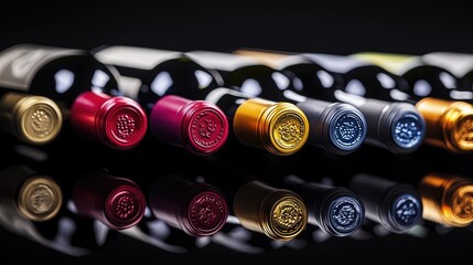 Poster - Sophisticated wine bottles with artistic labels and colorful caps, arranged elegantly on a reflective surface, showcasing variety and luxury.