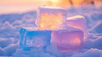 Poster - Stacked ice blocks in shades of vibrant blue and pink on fresh snow, illuminated by a gentle golden glow from the winter sky, creating a tranquil winter scene.