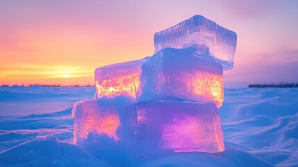 Poster - Stacked ice blocks in shades of vibrant blue and pink on fresh snow, illuminated by a gentle golden glow from the winter sky, creating a tranquil winter scene.