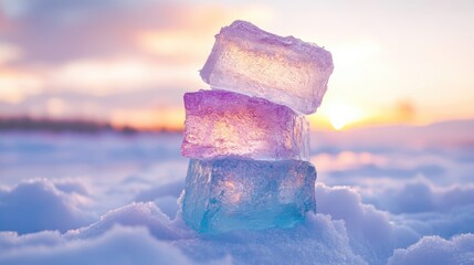 Poster - Stacked vibrant ice chunks in shades of blue, pink, and purple against fresh snow, with a faint golden glow from the winter sky in the background creating a serene, magical effect.