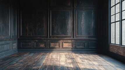 Aufkleber - Stock photo of a vintage interior with dark wooden walls and floors, offering a raw, textured aesthetic in an empty room with antique charm.