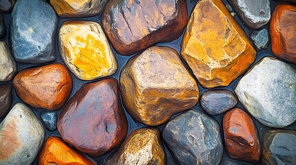 Poster - Colorful Stones Laying Together in Natural Arrangement with Water Reflection in Between : Generative AI