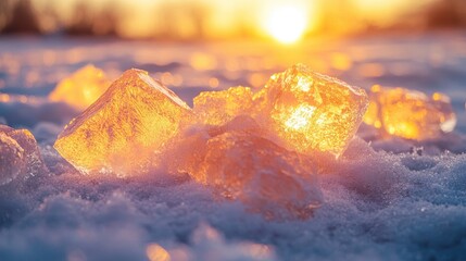 Poster - Stunning vibrant ice chunks arranged on fresh snow, bathed in the warm glow of a winter sunset, adding a touch of elegance and calm