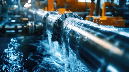 Poster - Swirling water inside a high-tech pipe, with vibrant machinery in the backdrop, creating a cutting-edge industrial look with a futuristic flair.