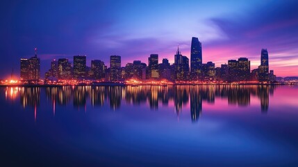 Poster - The lights of a vibrant metropolitan skyline glow in the twilight, reflecting on the smooth surface of a harbor, creating a peaceful yet dynamic scene at blue hour.
