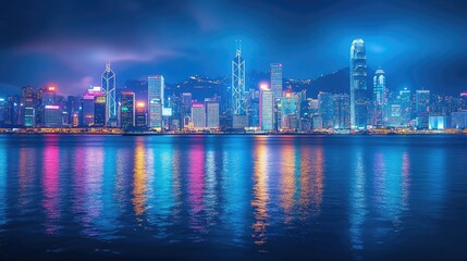 Poster - The lights of a vibrant metropolitan skyline glow in the twilight, reflecting on the smooth surface of a harbor, creating a peaceful yet dynamic scene at blue hour.