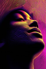 Aufkleber - Elevated View of a Woman with a Blissful Expression in Vibrant Neon Striped Patterns : Generative AI