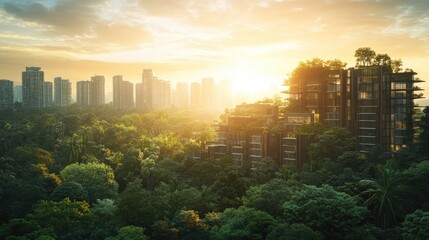 Poster - Urban development rises from the heart of a lush forest, illustrating the balance between city growth and natural preservation in a sustainable, future-focused design.