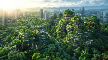 Poster - Urban development rises from the heart of a lush forest, illustrating the balance between city growth and natural preservation in a sustainable, future-focused design.