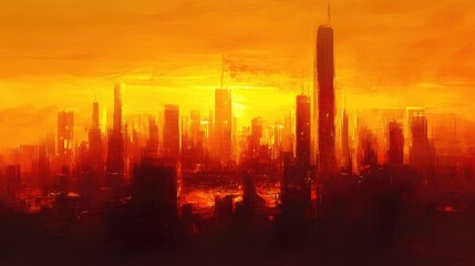 Poster - Vibrant city skyline at sunset, bathed in warm hues of orange and gold, creating a breathtaking view of the urban landscape.