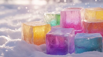 Poster - Vibrant multicolored ice blocks stacked on fresh snow, with sunlight creating subtle reflections and a soft, blurred background adding tranquility to the scene.