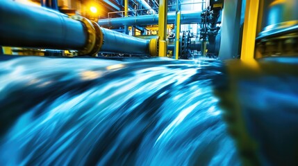 Poster - Water flows inside a pipe, swirling and creating motion, as vibrant machinery in the background adds a modern, futuristic element.