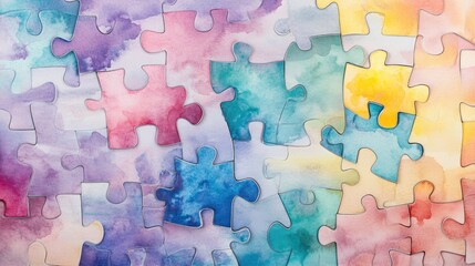 Poster - Watercolor puzzle pieces interlock in a design that symbolizes diversity, unity, and integration, using a mix of soft yet vibrant hues.