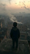 © Siasart Stock - Boy Stands on Rooftop, Overlooks Smoggy Industrial Cityscape at Dusk with Birds Flying