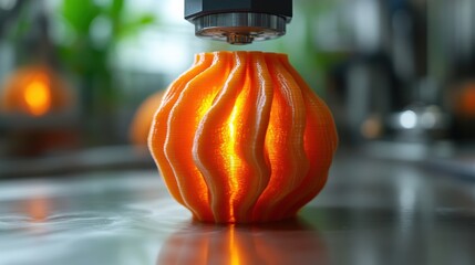 Poster - Vibrant orange 3D-printed vase on a sleek surface with blurred workshop background lights