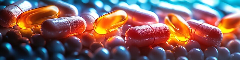 Poster - Colorful Vitamin Capsules and Pills Glowing Against a Modern Background of Shiny Surfaces : Generative AI