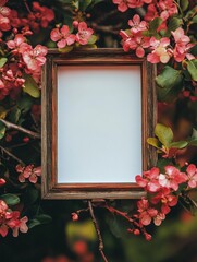 Aufkleber - Decorative wooden frame surrounded by vibrant pink flowers in a lush garden setting during springtime. Generative AI