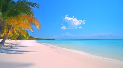 Poster - Pristine Tropical Beach with Palm Trees and Azure Waters Under Bright Blue Sky : Generative AI