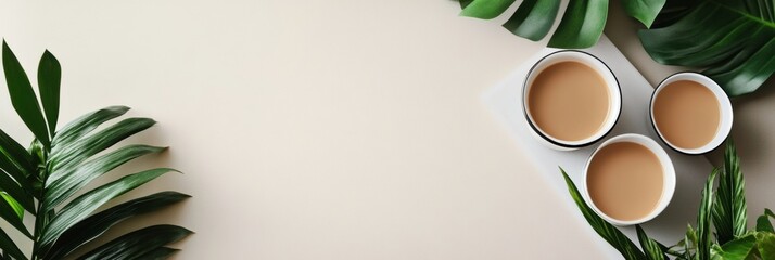Poster - Three cups of warm beverage surrounded by green plants on a light surface in a cozy setting. Generative AI