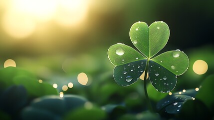 Poster - Four Leaf Clover with Water Droplets in Soft Sunlight on Blurred Background : Generative AI