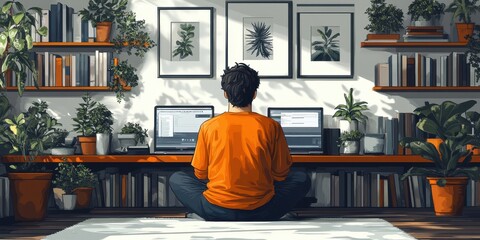 Wall Mural - Person Sitting Cross-legged in Front of Laptops Surrounded by Lush Indoor Plants and Books, Engaging in Creative Work in a Cozy Home Environment