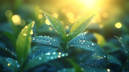 Poster - Morning Dew on Lush Green Leaves in Soft Sunrise Light for Nature and Wellness Themes : Generative AI