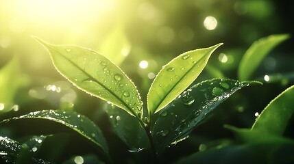 Poster - Fresh Green Leaves Glimmering with Dew Drops in Soft Morning Sunlight : Generative AI