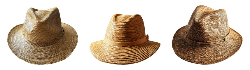 Three stylish hats isolated on a transparent background for fashion use