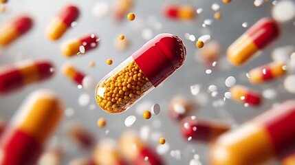 Poster - 3D Rendering of a Capsule Flying Among Other Capsules for Pharmaceutical Concepts : Generative AI