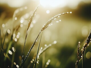 Poster - Dewy grass glistening in the morning sun showcasing nature's beauty in a soft warm glow : Generative AI