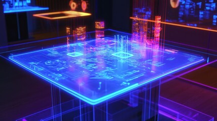 Fototapete - Futuristic Digital Interface with Holographic City and Data Visualization
