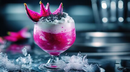 Dragon fruit smoothie, ice, dessert, dark background, cafe