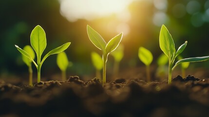 Aufkleber - Sunlight Dancing on Freshly Sprouted Seedlings Emerging from Brown Soil Representing Hope and Growth in Nature : Generative AI