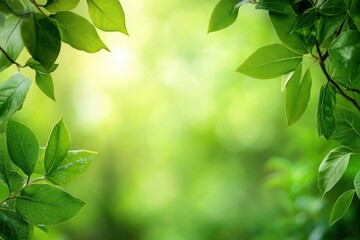 Fototapete - Lush green leaves framing a vibrant background of nature in soft sunlight during springtime. Generative AI