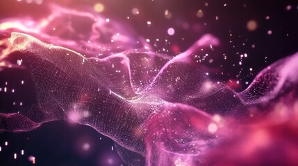 Fototapete - Abstract futuristic background with glowing particles in pink and purple tones