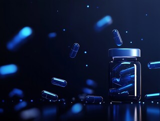 Aufkleber - Floating Blue Capsules and Glass Bottle for Health and Wellness Branding : Generative AI