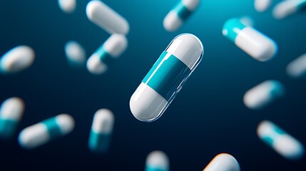 Aufkleber - Floating Capsules on Blue Gradient Background for Pharmaceutical Concepts : Generative AI