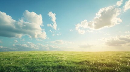 Aufkleber - Bright sunny day over a vast green field with fluffy clouds in the blue sky. Generative AI