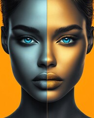 Poster - Striking Portrait of a Woman with Half Blue Half Orange Face Artistic Photography : Generative AI