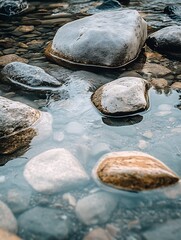 Poster - Tranquil Riverbed with Smooth Stones and Clear Water Reflections in Nature : Generative AI