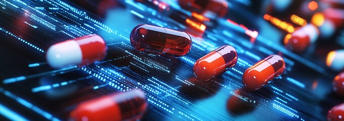 Aufkleber - Abstract Visual of Red Capsules on Neon Lit Digital Background Representing Pharmaceuticals : Generative AI