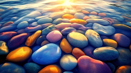 Poster - Colorful Pebbles Underwater at Sunset Reflecting Light Creating Beautiful Natural Artwork : Generative AI