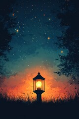 Wall Mural - Illuminated Lantern at Dusk Surrounded by Silhouetted Trees and Starry Sky Creating a Magical Evening Scene with Warm Atmospheric Glow