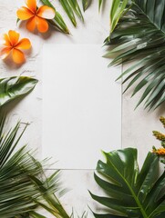 Aufkleber - Tropical leaves and flowers frame blank white paper on textured surface in natural setting for creative designs. Generative AI