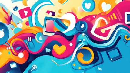 Poster - Vibrant abstract social media icons creating a dynamic colorful flow design
