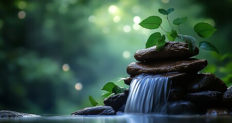 Poster - Serene Water Feature with Smooth Stones and Lively Green Leaves Creating a Peaceful Atmosphere : Generative AI