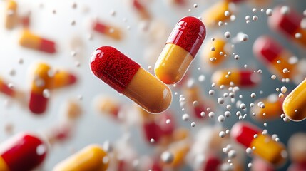 Poster - Vibrant red and yellow capsules floating in a dynamic arrangement against a blurred background : Generative AI