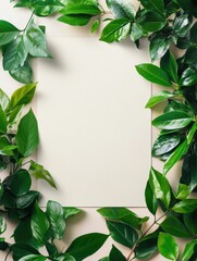 Poster - Blank paper surrounded by lush green leaves on a light background perfect for natural themed designs or messages. Generative AI