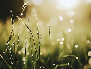 Poster - Soft bokeh of dewy grass in the golden hour sunlight showcasing warm tones and nature's beauty : Generative AI